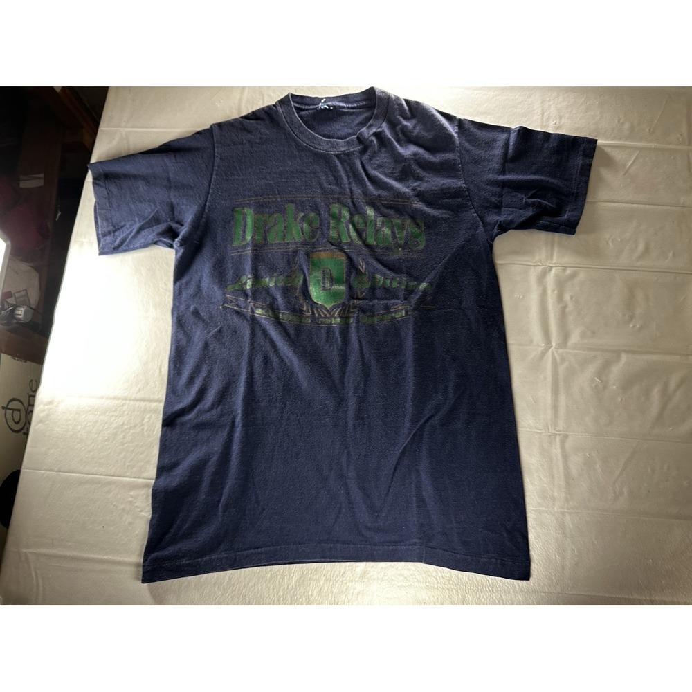 Vintage 80s Drake Relays Running Man Sky Blue Logo Shirt Large USA Single Stitch